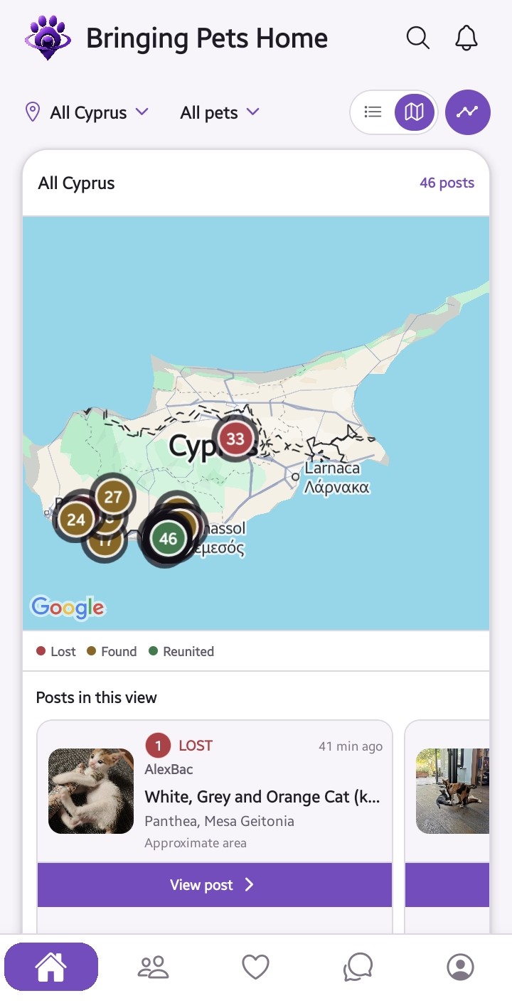 All For All Pets Lost and Found map showing pet posts